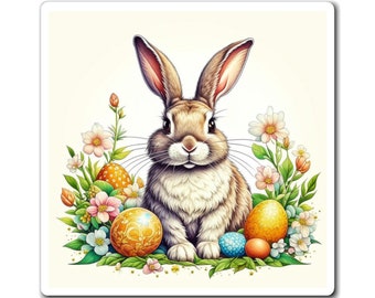 Vintage Easter Bunny Magnet, Spring Floral Fridge Decor