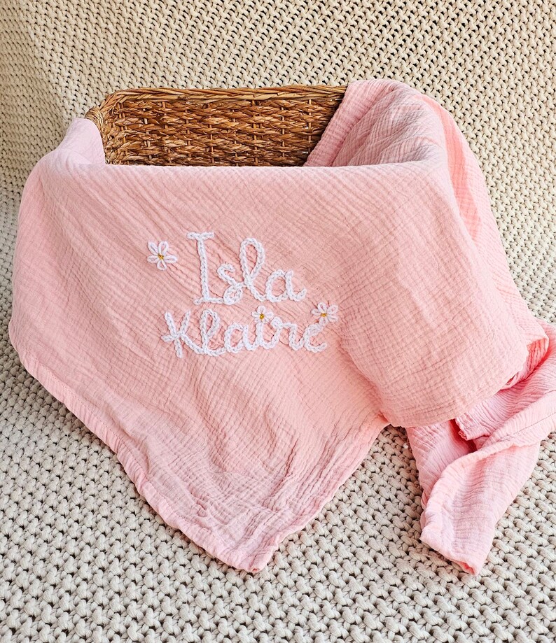 Custom Hand Embroidered Swaddle Blanket Baby Blanket Baby gift Baby Announcement Personalized Gift Hand Embroidered Gift Newborn image 2