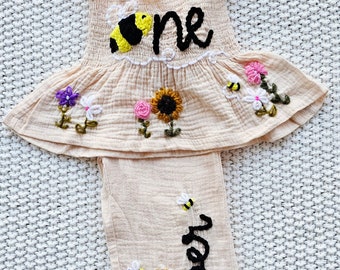 Custom - Baby/Toddler Personalized Hand Embroidered 2pc Set | Summer/Spring Hand Embroidered Outfit | Embroidered Name Birthday Theme Outfit