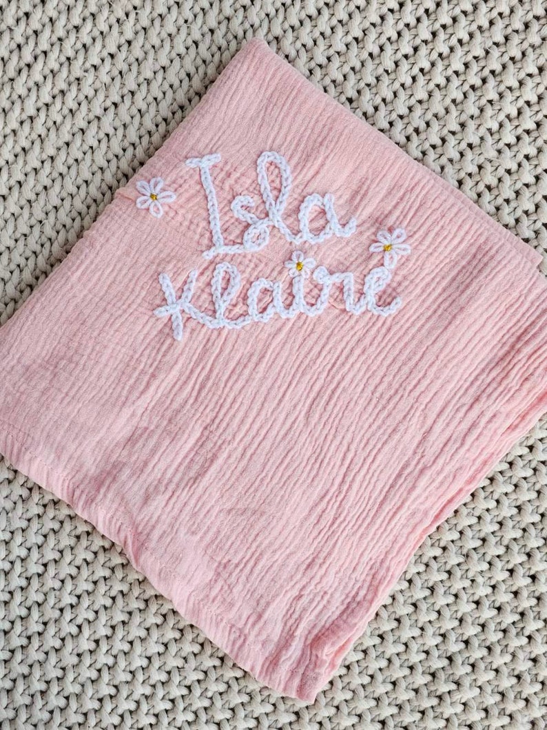 Custom Hand Embroidered Swaddle Blanket Baby Blanket Baby gift Baby Announcement Personalized Gift Hand Embroidered Gift Newborn image 8