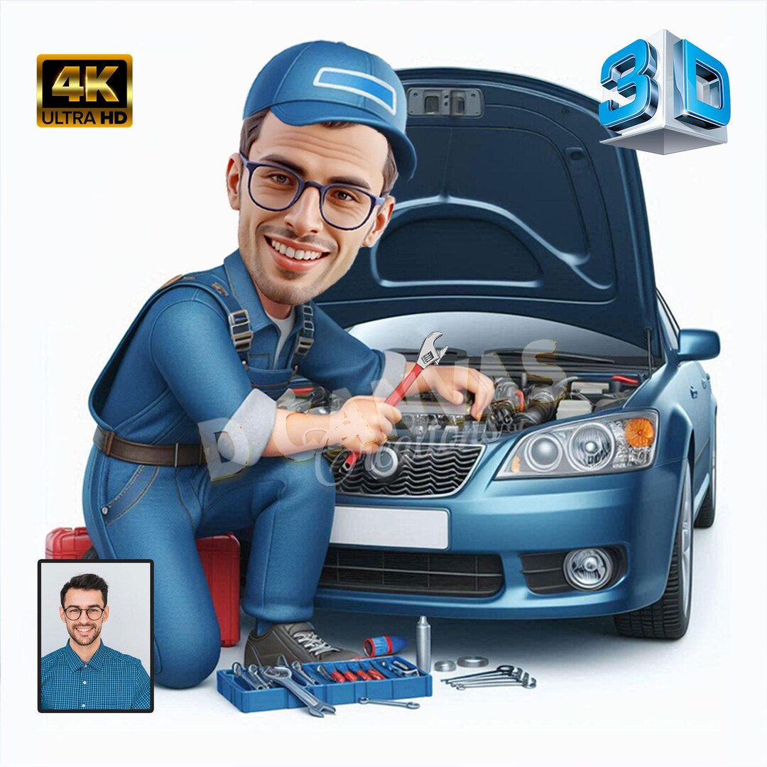 3D Caricature of a Professional Mechanic in a Blue Uniform, Focused on ...