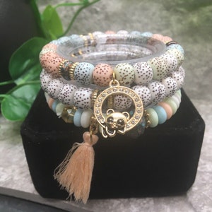"3 Stück handgefertigte Boho Perlen Stapelbare 6,50 "Plus Stretch Panda Armband Set A788