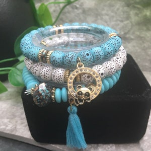 "3 Stück handgefertigte Boho Perlen Stapelbare 6,50 "Plus Stretch Panda Armband Set A789