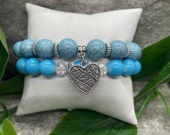 2 piezas hechas a mano con cuentas apilables 7 "más pulsera elástica con forma de corazón para mamá nuevo B1441