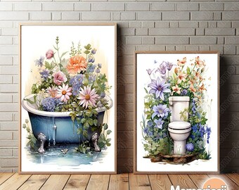 Floral Wall Art Decoration, Botanical Bathroom Print JPG, Art Poster Flowers, Watercolor WC Art Print, Set of 2 Botanical Bathroom Prints