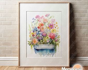 Bathtub with Flowers Wall Art, Floral Bathroom Wall Art, Art Poster Flowers Bathroom, Vintage Bathroom Print, Printable Digital Download