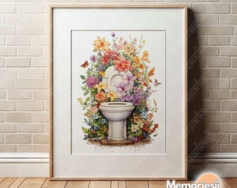 Floral Printable Wall Art, Green Toilet Wall Decoration, Art Poster Flowers, Watercolor WC Art Print, Vintage Toilet Print, Digital Download