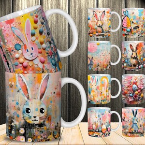 Puede incluir: Conjunto de 10 tazas de cerámica con diseños abstractos coloridos con conejos y huevos. Las tazas son blancas con un acabado brillante.