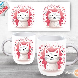 Puede incluir: Taza de cer&aacute;mica blanca con una ilustraci&oacute;n de un gato rosa y blanco rodeado de corazones rosas. El gato tiene la nariz rosa y los ojos negros. La taza tiene un asa blanca.