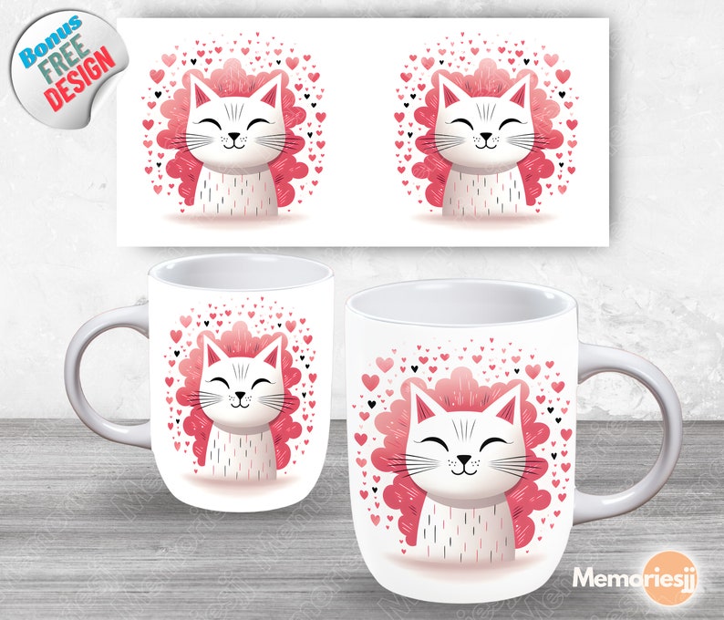 Puede incluir: Taza de cer&aacute;mica blanca con una ilustraci&oacute;n de un gato rosa y blanco rodeado de corazones rosas. El gato tiene la nariz rosa y los ojos negros. La taza tiene un asa blanca.