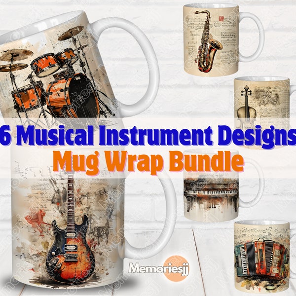 Bundle of 6 Musical Instrument Designs Mug Wrappers For Sublimation, 11oz & 15oz Coffee Mug Wrap PNG, Musical Mug Template, Digital Download