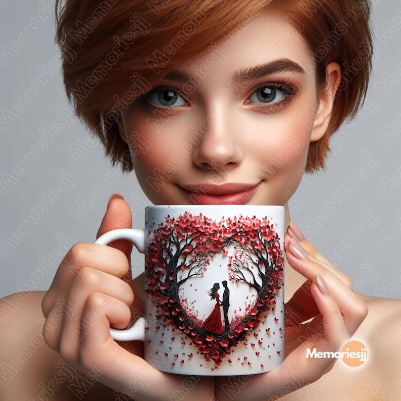 Puede incluir: Taza de cer&aacute;mica blanca con un dise&ntilde;o de coraz&oacute;n rojo que presenta una silueta de pareja. El coraz&oacute;n est&aacute; rodeado de corazones rojos y blancos. La taza est&aacute; sostenida por una persona con cabello rojo.