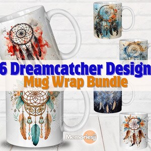 Puede incluir: Seis diseños diferentes de envolturas de taza de atrapasueños. Cada diseño presenta un esquema de color y un patrón diferentes. Los diseños están todos en un estilo de acuarela. El texto "6 Dreamcatcher Designs Mug Wrap Bundle" se muestra en el centro de la imagen.