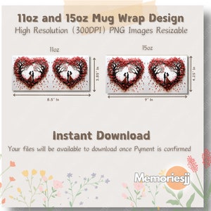 Puede incluir: Dos dise&ntilde;os digitales para envolturas de tazas que presentan una pareja de pie frente a un &aacute;rbol en forma de coraz&oacute;n con hojas rojas y corazones rojos que caen. Los dise&ntilde;os son para tazas de 11oz y 15oz. Los dise&ntilde;os miden 8,5 pulgadas de ancho por 3,85 pulgadas de alto y 9 pulgadas de ancho por 4,25 pulgadas de alto.