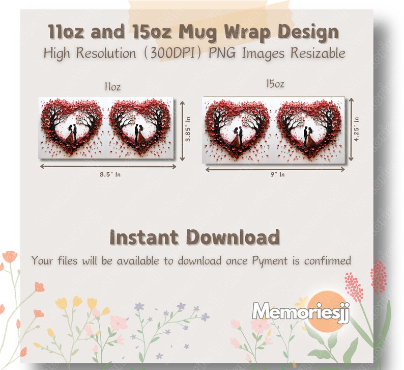 Puede incluir: Dos dise&ntilde;os digitales para envolturas de tazas que presentan una pareja de pie frente a un &aacute;rbol en forma de coraz&oacute;n con hojas rojas y corazones rojos que caen. Los dise&ntilde;os son para tazas de 11oz y 15oz. Los dise&ntilde;os miden 8,5 pulgadas de ancho por 3,85 pulgadas de alto y 9 pulgadas de ancho por 4,25 pulgadas de alto.