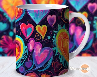 Colorful Hearts Mug Wrap| Pink Abstract Mug Wrap| Coloring Hearts Design PNG| 11oz Coffee Design| Abstract Mug Template| Orange Hearts PNG