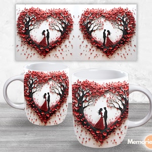 Puede incluir: Taza de cer&aacute;mica blanca con un dise&ntilde;o de coraz&oacute;n rojo y negro que presenta una pareja de pie en un &aacute;rbol. El coraz&oacute;n est&aacute; hecho de corazones de papel y la pareja est&aacute; en silueta.
