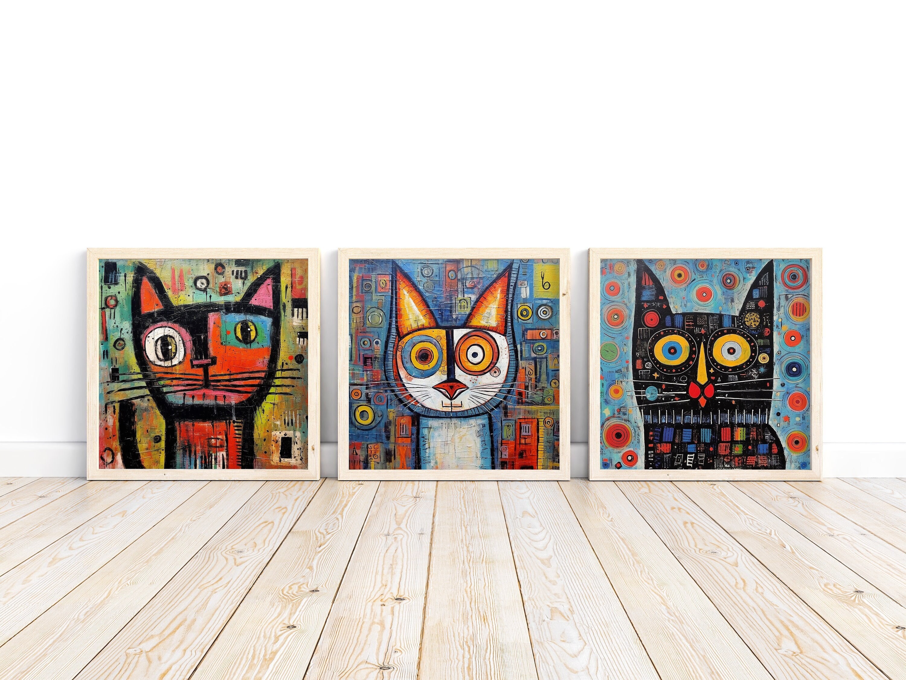 Set of 3 Digital Wall Art Posters, Abstract Design With Adorable Cats, Instant Download Digital Design, Design with Digital Square Shape