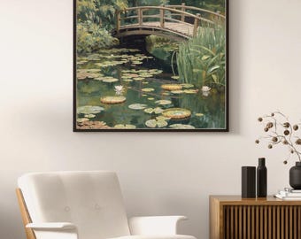 Cuadro decorativo de jardín japonés con puente y nenúfares, paisaje natural impresionista para imprimir.