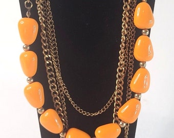 Orange Bead Gold Tone Multi Layer Paparazzi Chain Necklace 22"