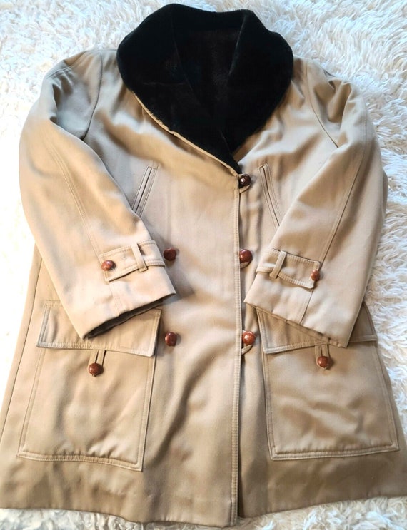 Vtg 70s Jerold Trench Coat Womens 14 Tan Faux Fur 