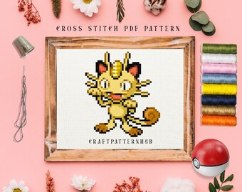 Cat Mew Cross Stitch Pattern, Beginner Embroidery Pattern, Pokemon Stitch Tutorial, DIY Craft, Gift for Kids, Included Stitch Guide