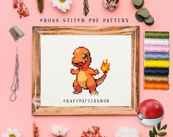 Charmander Cross Stitch Pattern, Beginner Embroidery Pattern, Easy Pokemon Stitch Tutorial, DIY Craft, Gift for Kids, Included Stitch Guide