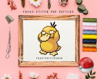 Psyduck Cross Stitch Pattern, Beginner Embroidery Pattern, Easy Pokemon Stitch Tutorial, DIY Craft, Gift for Kids, Included Stitch Guide