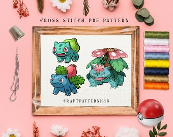 Bulbasaur Ivysaur Venusaur Stitch Pattern, Embroidery Pattern, Pokemon Cross Stitch, DIY Craft, Gift for Kids, Included Stitch Guide