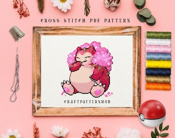 Snorlax Cross Stitch Pattern, Beginner Embroidery Pattern, Easy Stitch Tutorial, DIY Craft, Gift for Kids, Included Stitch Guide