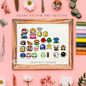 Retro Game Cross Stitch Pattern Bundle, Easy Embroidery Pattern, Cartoon Easy Stitch Tutorial, DIY Craft, Included Stitch Guide