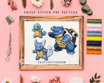 Squirtle Wartortle Blastoise Stitch Pattern, Embroidery Pattern, Pokemon Cross Stitch, DIY Craft, Gift for Kids, Included Stitch Guide