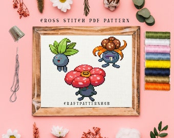 Oddish Gloom Vileplume Stitch Pattern, Embroidery Pattern, Pokemon Cross Stitch Tutorial, DIY Craft, Gift for Kids, Included Stitch Guide