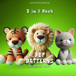 Puede incluir: Tres patrones de crochet amigurumi de animales: un tigre, un león y un gato. Los patrones están disponibles para descargar en PDF e incluyen un regalo gratis.