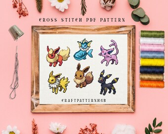 Pokemon Eevee Evolution Stitch Pattern, Embroidery Pattern, Pokemon Cross Stitch Tutorial, DIY Craft, Gift for Kids, Included Stitch Guide