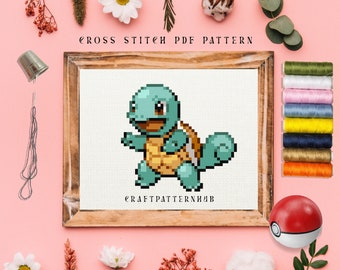 Squirtle Cross Stitch Pattern, Beginner Embroidery Pattern, Easy Pokemon Stitch Tutorial, DIY Craft, Gift for Kids, Included Stitch Guide