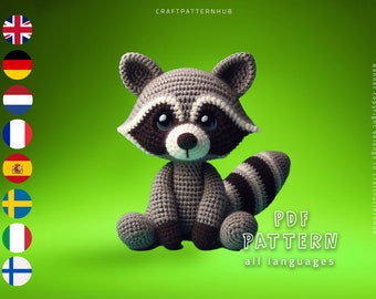 Patrón de Ganchillo Mapache, Tutorial Amigurumi Mapache, Patrón Muñeco de Ganchillo, Patrón Manualidad DIY, Regalos para Niños, Guía de Puntos Incluida