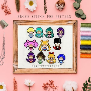 Anime Prinzessin Kreuzstichmuster Bundle, einfaches Stickmuster, Cartoon Easy Stitch Tutorial, DIY Basteln, Geschenke, inklusive Stickanleitung