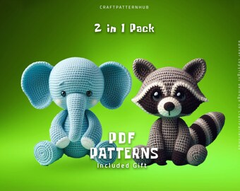 Elephant-Raccoon Crochet Patterns, Amigurumi Tutorial, Crochet Doll Pattern, Craft Pattern, Crochet Design, DIY Gifts, Included Stitch Guide