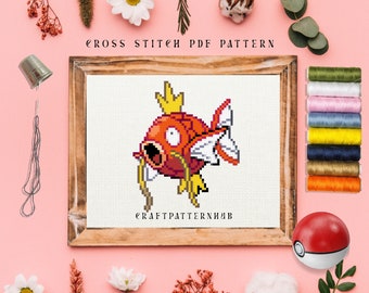 Fish Magikarp Cross Stitch Pattern, Beginner Embroidery Pattern, Pokemon Stitch Tutorial, DIY Craft, Gift for Kids, Included Stitch Guide