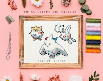 Togepi Togetic Togekiss Stitch Pattern, Embroidery Pattern, Pokemon Cross Stitch Tutorial, DIY Craft, Gift for Kids, Included Stitch Guide