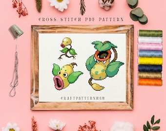 Bellsprout Weepinbell Victreebel Stitch Pattern, Embroidery Pattern, Pokemon Cross Stitch, DIY Craft, Gift for Kids, Included Stitch Guide