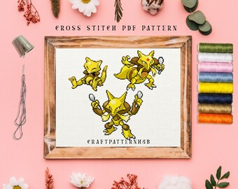 Abra Kadabra Alakazam Stitch Pattern, Embroidery Pattern, Pokemon Cross Stitch Tutorial, DIY Craft, Gift for Kids, Included Stitch Guide