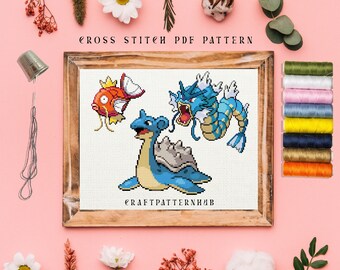 Magikarp Gyarados Lapras Stitch Pattern, Embroidery Pattern, Pokemon Cross Stitch Tutorial, DIY Craft, Gift for Kids, Included Stitch Guide