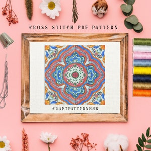 Ceramic Tile Cross Stitch Pattern, Beginner Embroidery Pattern, Mosaic Easy Stitch Tutorial, DIY Craft, Gift for Kids, Included Stitch Guide