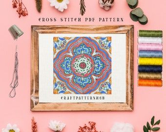 Ceramic Tile Cross Stitch Pattern, Beginner Embroidery Pattern, Mosaic Easy Stitch Tutorial, DIY Craft, Gift for Kids, Included Stitch Guide