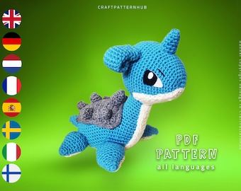 Dino Lapras Crochet Pattern, Lapras Amigurumi Pattern, Pokemon Crochet Tutorial, DIY Craft Pattern, Gifts for Kids, Included Stitch Guide