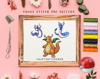 Dratini Dragonite Cross Stitch Pattern, Embroidery Pattern, Pokemon Cross Stitch, DIY Craft, Gift for Kids, Included Stitch Guide