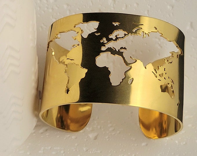 World Map Cuff Bracelet and Ring with Intricate Details - Stainless Steel Traveler Gift Idea - Hypoallergenic Artisanal Jewelry