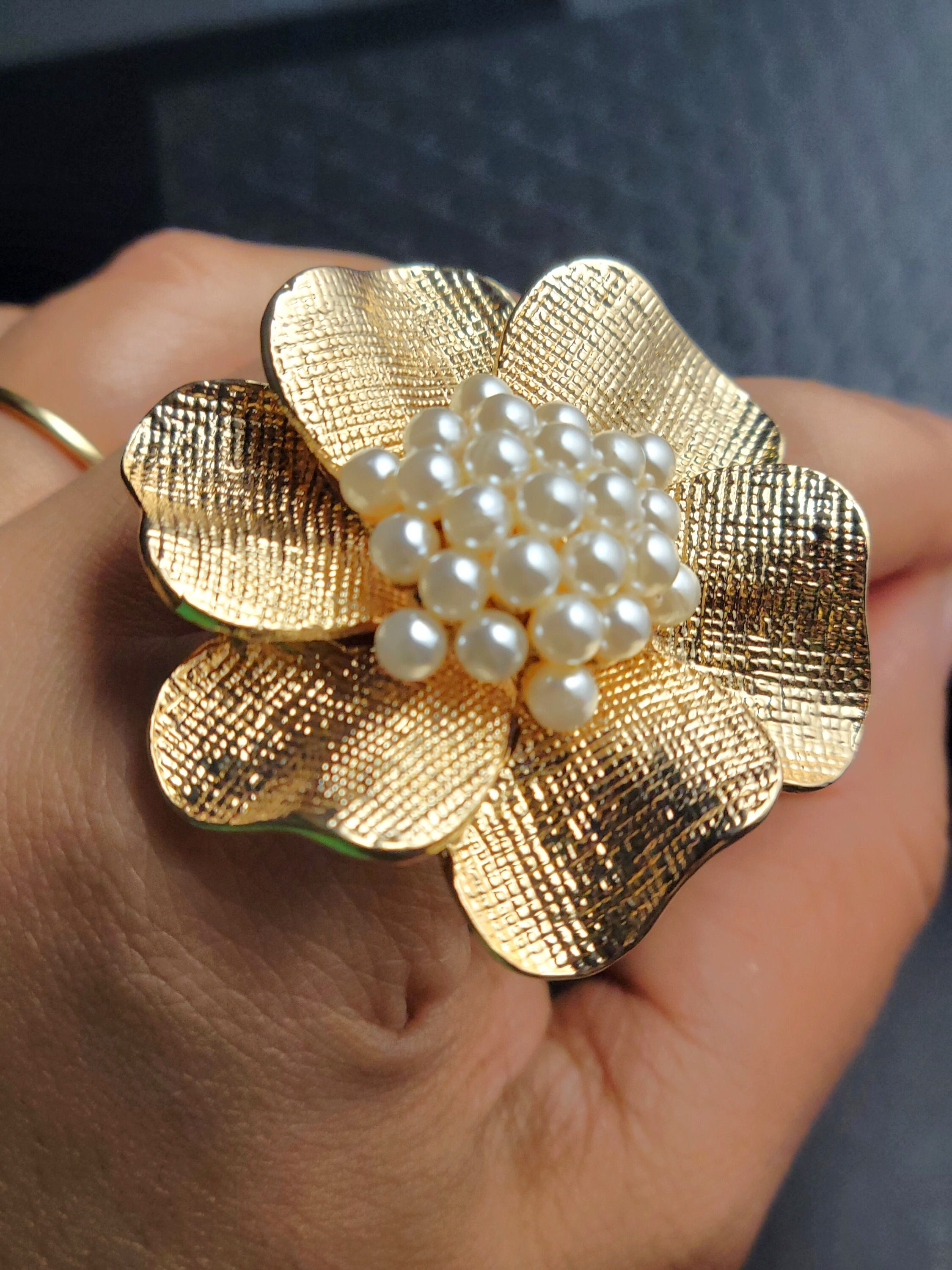 Gold Flower Ring Bridal Pearl Ring Adjustable Ring Large 